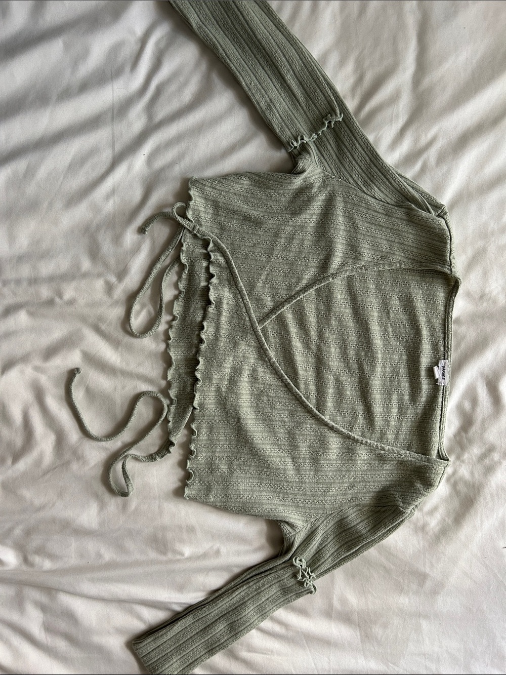 Light Sage Knit Wrap Top with Lettuce Hem Garage